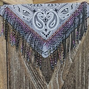 NWT Grey Bandana Wild Rag with Beaded Rhinestone Fringe